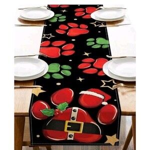 Christmas Table Runner 13x72" Black,Red,Green Paw Prints Farmhouse Holiday Decor